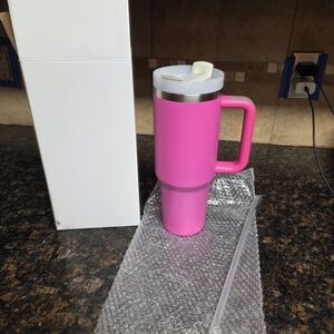 40 oz Insulated Tumbler with Handle & Straw – Hot Pink